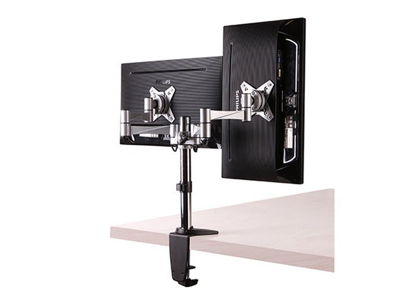 Brateck Dual Monitor Elegant Aluminium w/Arm&Desk Clamp Silver Fit most 13"- 27" Monitor VESA 75x75/100x100