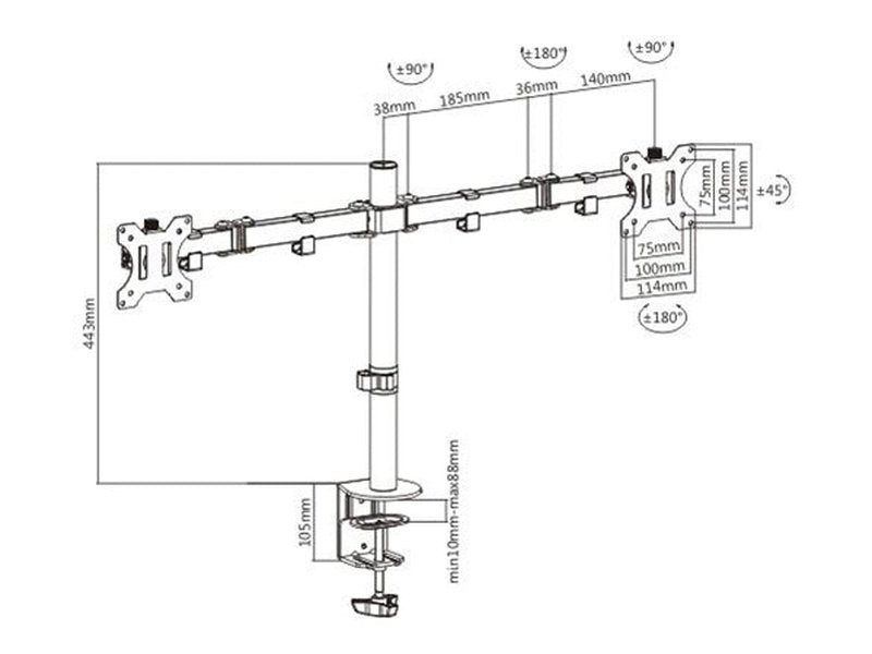 Brateck Dual Screens Economical Double Joint Articulating Steel Monitor Arm Fit Most 13’’-32’’ Monitors Up to 8kg per screen VESA 75x75/100x10