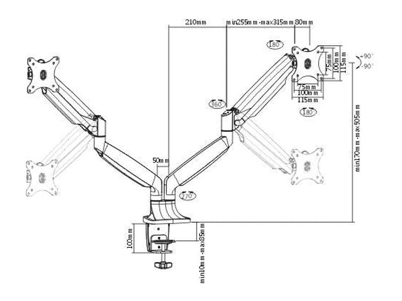 Brateck Dual Monitor Aluminum Interactive Counterbalance Monitor Arm Fit Most 13''-32'' Monitors Up to 9kg per screen VESA 75x75/100x100
