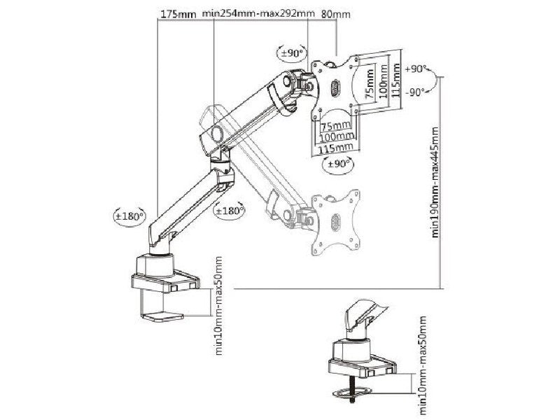 Brateck Single Monitor Aluminium Slim Mechanical Spring Monitor Arm Fit Most 17"-32" Monitor Up to 8kg per screen VESA 75x75/100x100