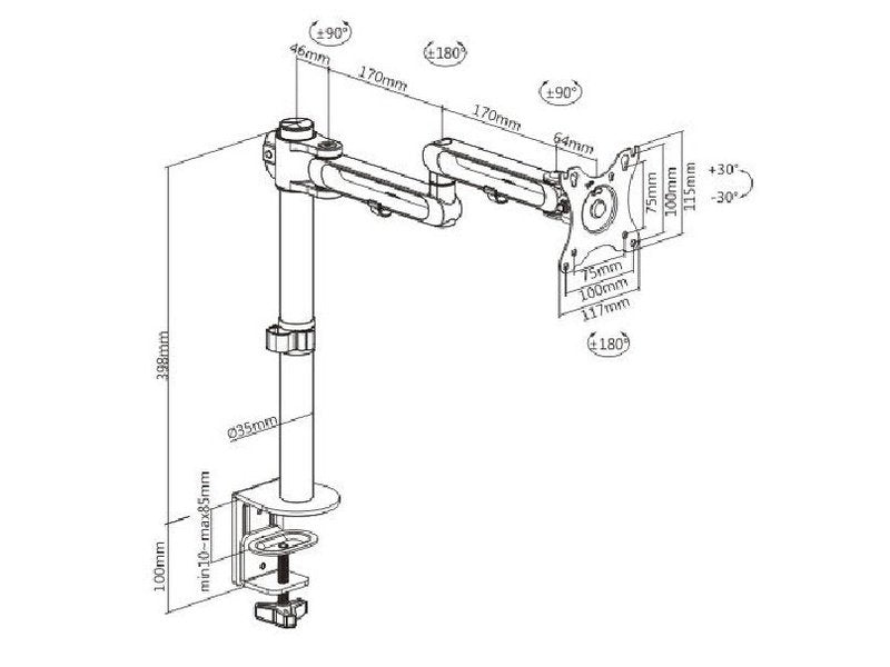 Brateck Articulating Aluminum Single Monitor Arm Fit Most 17"-32" Montior Up to 8kg per screen VESA 75x75/100x100