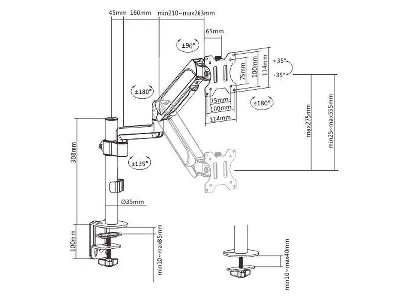 Brateck Single Monitor Pole-Mounted Gas Spring Monitor Arm Fit Most 17" - 32" Monitor Up to 9Kg Per screen VESA 75x75/100x100