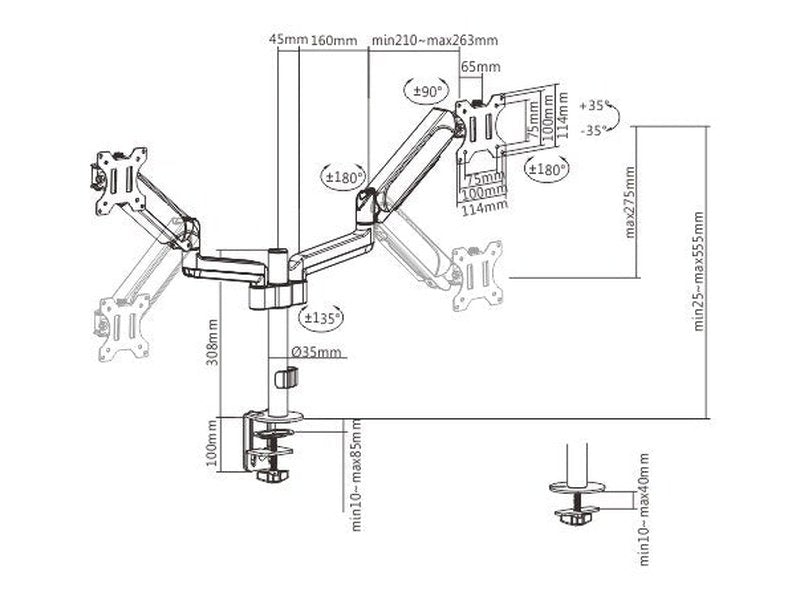 Brateck Dual Monitors Pole-Mounted Gas Spring Monitor Arm Fit Most 17"-32" Monitors Up to 9kg per screen VESA 75x75/100x100