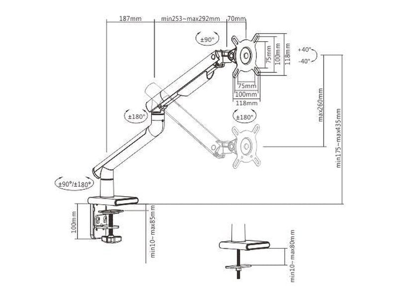 Brateck Single Monitor Premium Slim Aluminum Spring-Assisted Monitor Arm Fix Most 17"-32" Monitor Up to 9kg per screen VESA 75x75/100x100 - Space Grey