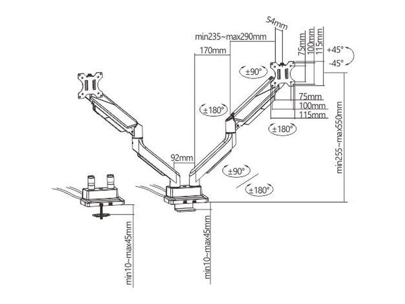 Brateck Dual Monitor Economy Heavy-Duty Gas Spring Monitor Arm with USD 3.0 Ports Fit Most 17"-35" Up to 15kg
