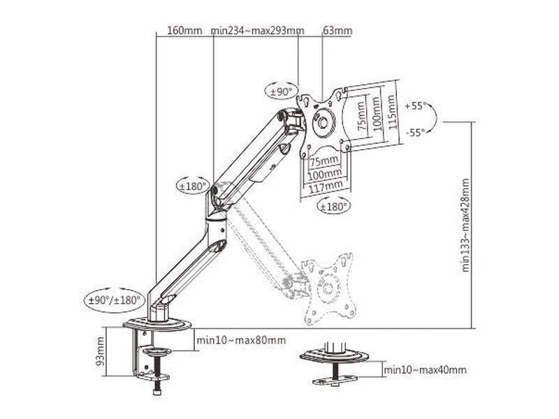 Brateck Single Monitor Economical Spring-Assisted Monitor Arm Fit Most 17"-32" Monitors, Up to 9kg per screen VESA 75x75/100x100 Space Grey