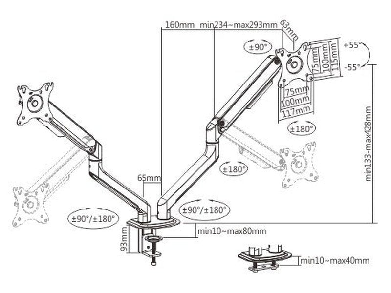 Brateck Dual Monitor Economical Spring-Assisted Monitor Arm Fit Most 17"-32" Monitors, Up to 9kg per screen VESA 75x75/100x100 Space Grey