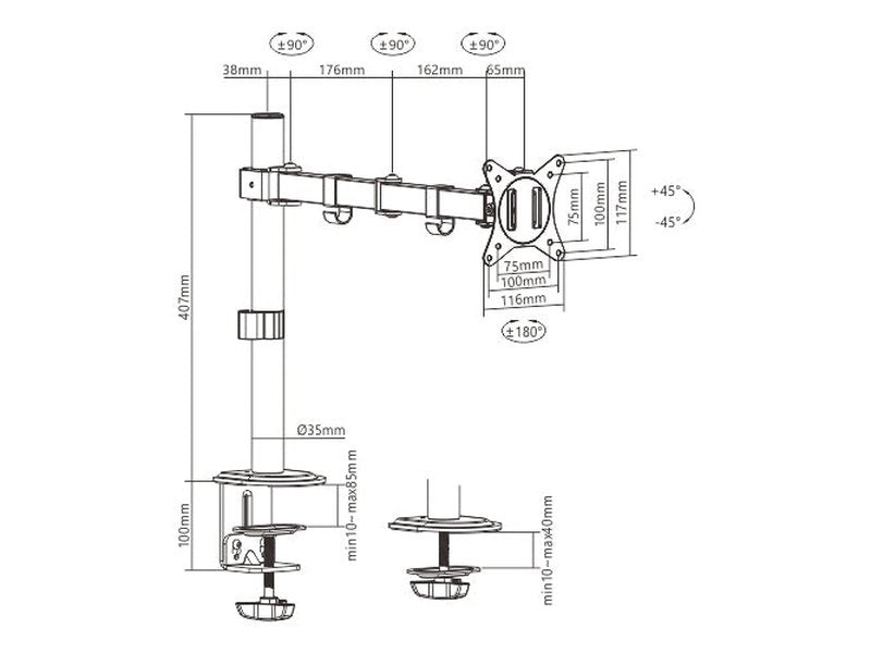 Brateck Single-Monitor Steel Articulating Monitor Mount Fit Most 17"-32" Monitor Up to 9KG VESA 75x75,100x100