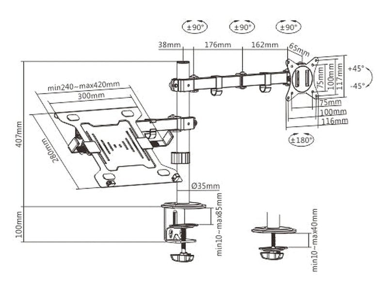 Brateck Steel Monitor Arm With Laptop Tray Fit Most 17"-32" Monitor Up to 9KG Laptops up to 4kg 10”-15.6” VESA 75x75,100x100 Black