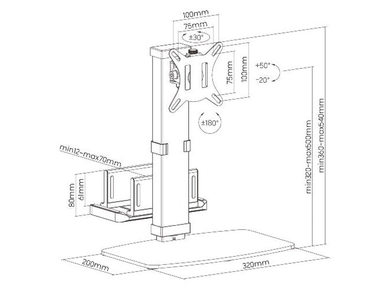 Brateck Vertical Lift Monitor Stand With Thin Client CPU Mount Fit Most 17"-32" Monitor Up to 8KG VESA 75x75,100x100 Black