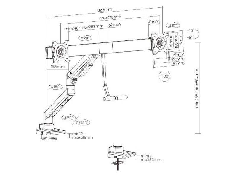 Brateck Fabulous Desk-Mounted Gas Spring Monitor Arm For Dual Monitors Fit Most 17"-32" Monitor Up to 9kg per screen VESA 100x100,75x75 Black