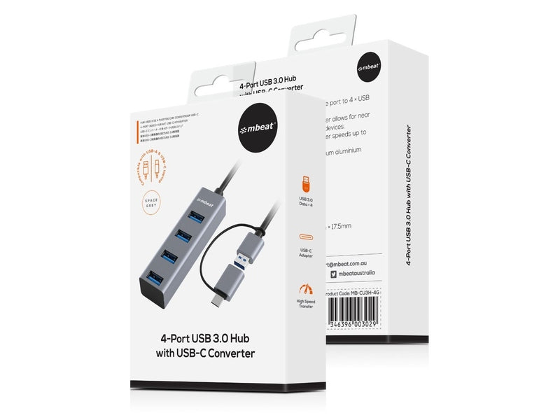 mBeat 4-Port USB 3.0 Hub with 2-in-1 USB 3.0 & USB-C Converter Space Grey