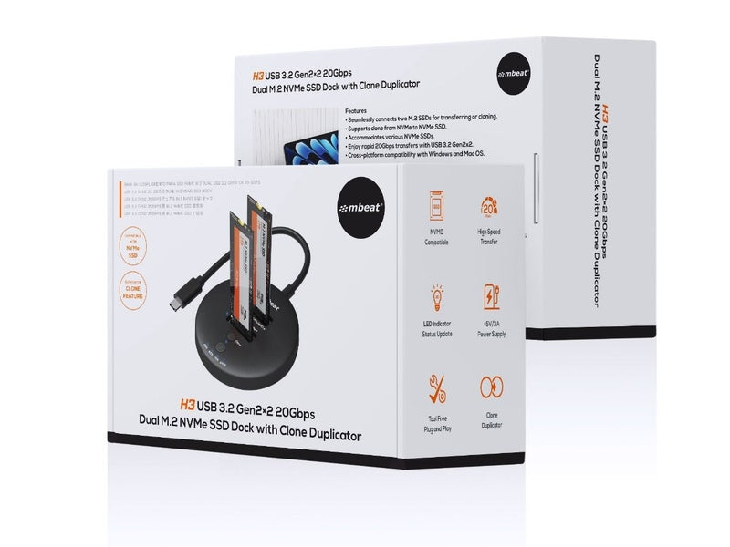 mBeat H3 USB 3.2 Gen2x2 20Gbps Dual M.2 NVMe SSD Dock
