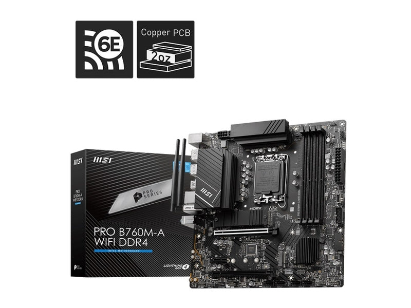MSI PRO B760M-A WIFI DDR4 mATX Motherboard, 4x DDR4~128GB, 2x PCI-E x 16, 1x PCI-E x 1, 2x M.2, 4x SATA, 4x USB 3.2 , 2x USB 2.0