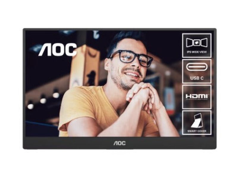 AOC 15.6" FHD IPS 16:9, 800:1 Contrast 230 Nits 2x USB-C 1x Mini HDMI 2.0 1Wx2 Speakers Foldable Smart Cover VESA Mount Portable Monitor