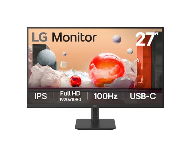 LG 27” IPS Full HD Monitor with 100Hz refresh rate, USB-C 65W PD , 3-side borderless design, Reader Mode, Flicker Safe, and tilt-adjustable stand