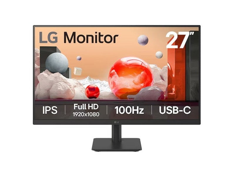 LG 27” IPS Full HD Monitor with 100Hz refresh rate, USB-C 65W PD , 3-side borderless design, Reader Mode, Flicker Safe, and tilt-adjustable stand