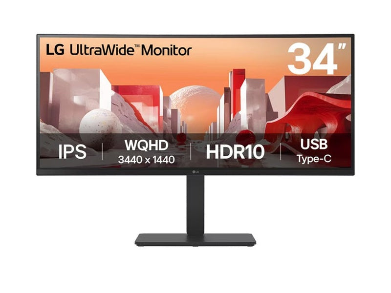 LG 34BA75QE-B 34" UWQHD IPS Curved Monitor with HDR10, sRGB 99%, USB-C PD 90W, RJ45, built-in speakers, and tilt/height/swivel adjustable stand