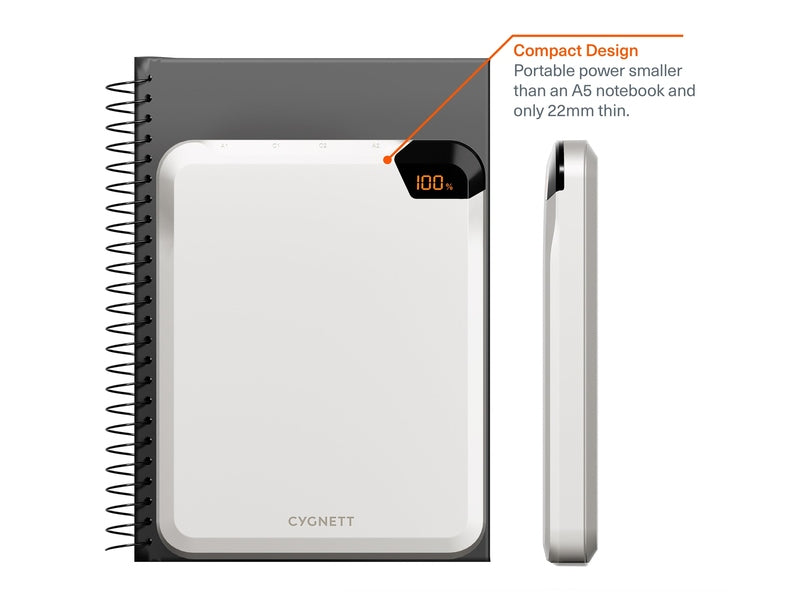 Cygnett ChargeUp VertPWR 25KmAh Laptop Power Bank 100W + USB-C Cable 40cm + Stand - Champagne