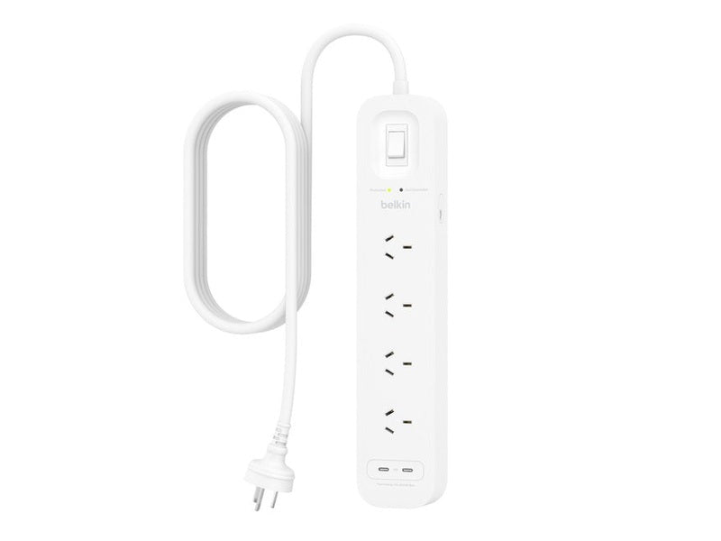 Belkin SurgePlus 4-Outlet Surge Protector With Dual USB-C Port 30W -White SRB005AU2M , Heavy Duty 2M Power Cord, 525 Joules, $40000 CEW, 2YR