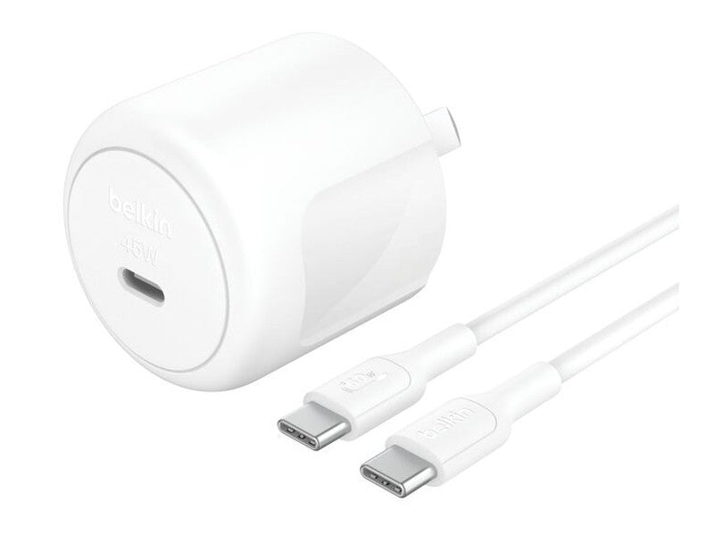 Belkin BoostCharge Compact 45W USB-C PD 3.1 Wall Charger + USB-C to USB-C Cable 60W 1M - White