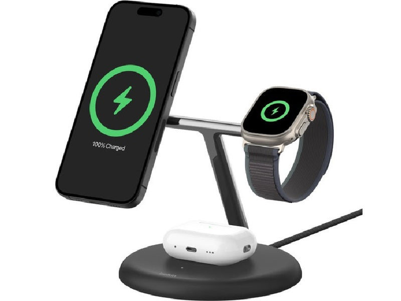 Belkin BoostCharge Pro 3-in-1 Magnetic Qi2 Wireless Charging Stand + 36W Wall Charger + USB-C Cable - Black WIZ023AUBK ,15W,CEW $2500,2 Years Warranty