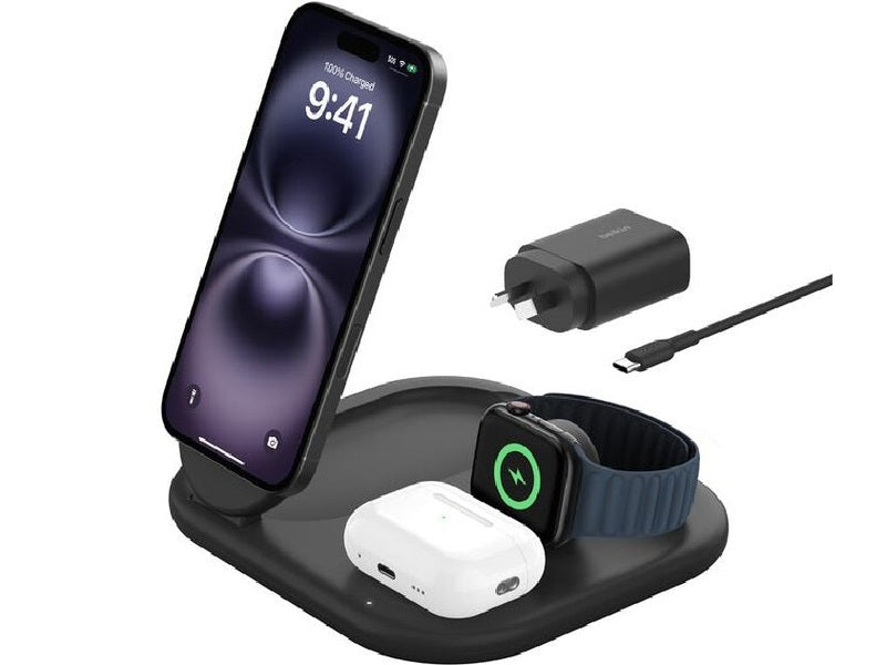 Belkin BoostCharge 3-in-1 Magnetic Foldable Qi2 Wireless Charger 15W + 36W Wall Charger + USB-C Cable 1.5M - Black WIZ029auBK , 2 Years Warranty