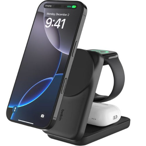 Belkin UltraCharge 3-in-1 Foldable Magnetic Charger w/ Qi2 (25W) +USB-C Wall Charger(45W)+USB-C Cable(15M)-Black(WIZ037auBK), $2500CEW, 2YR