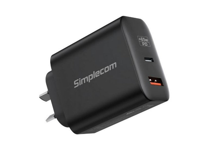 Simplecom CU265 Dual Port PD 65W GaN Fast Wall Charger USB-C + USB-A for Phone Laptop