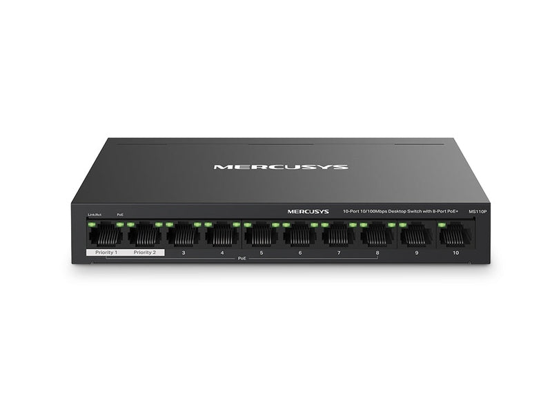 TP-Link Mercusys MS110P 10-Port 10/100Mbps Desktop Switch, 8-Port PoE+