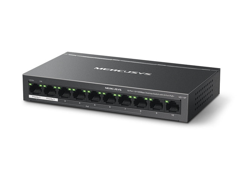 TP-Link Mercusys MS110P 10-Port 10/100Mbps Desktop Switch, 8-Port PoE+
