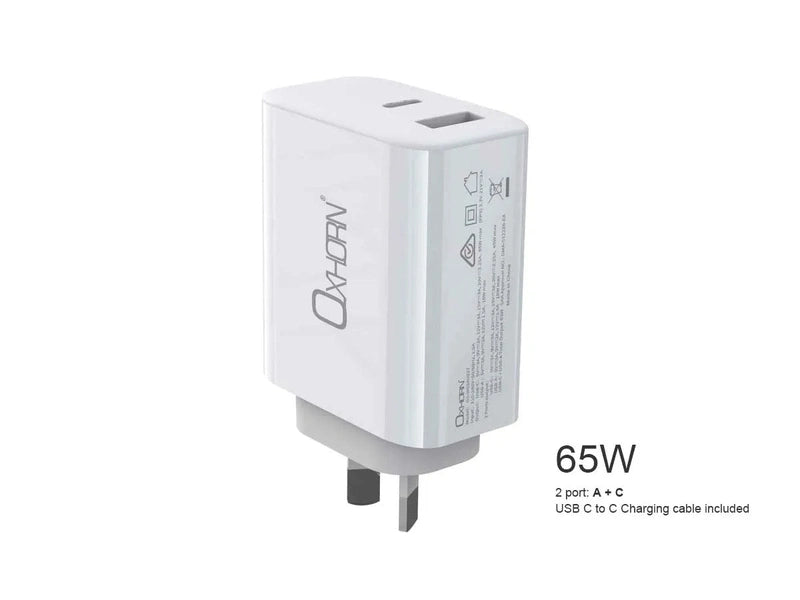 Oxhorn PD 65W GaN Charger 2 port: A + C, C to C cable included