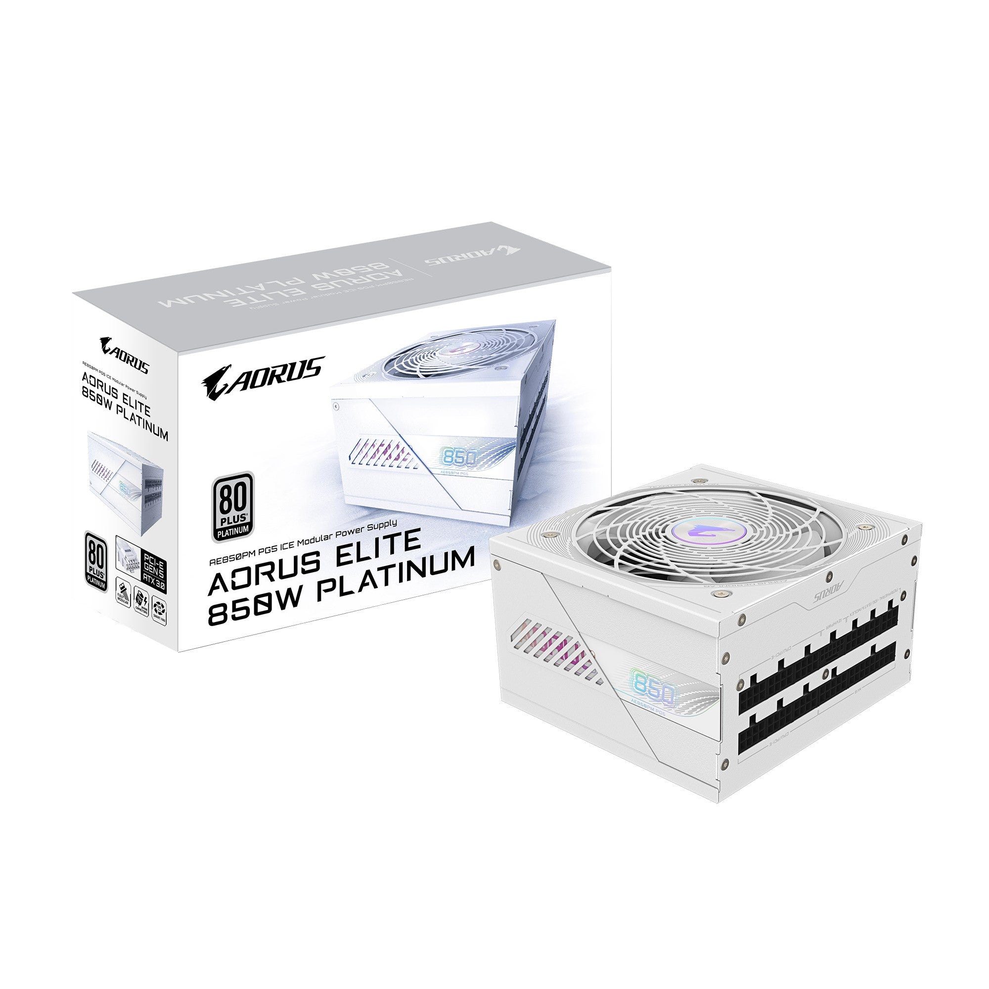 Gigabyte AORUS ELITE 850W 80+ Platinum Modular PCIe 5.1 ATX 3.1 Power Supply - Ice Edition - Rev 2.0 (GP-AE850PM PG5 ICE V2)