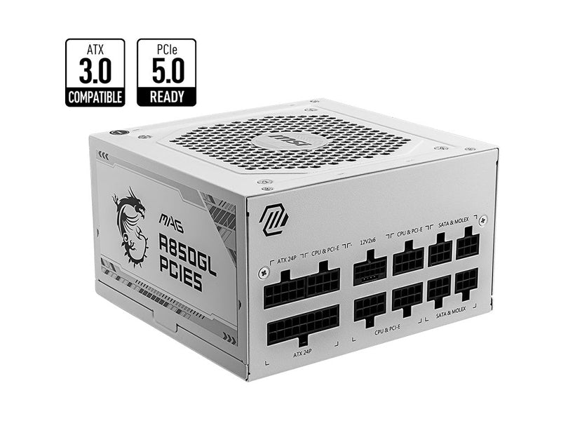 MSI MAG A850GL PCIE5 WHITE 850W Up to 90% 80 Plus Gold ATX Power Supply Unit, PFC, 100~240 VAC, 850W, 47-63Hz, PCI-E, SATA, FDD