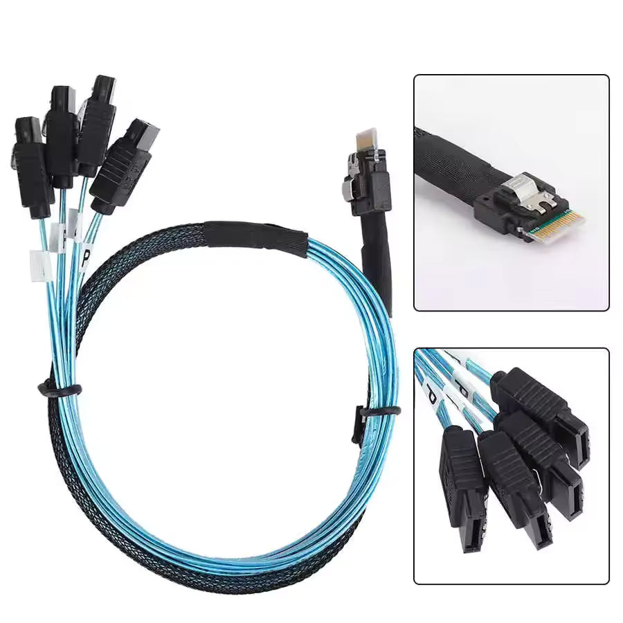 1M 24G Slim Line SAS 4.0 SFF-8654 4i 38pin to 4 x SATA Cable