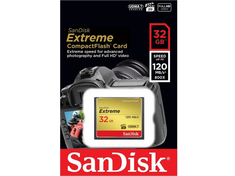 SanDisk Extreme CompactFlash Memory Card 32GB, VPG20, UDMA 7, 120MB/s R, 85MB/s W