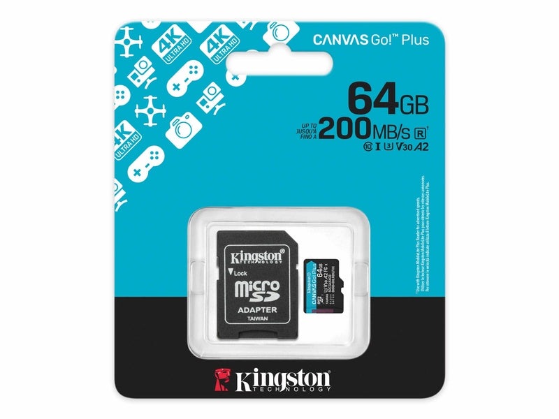 Kingston Canvas Go! Plus 64GB Class 10/UHS-I U3 V30 microSDXC - 200 MB/s Read - 100 MB/s Write