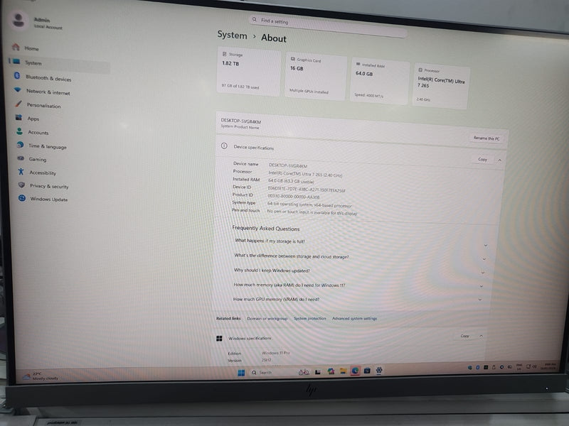 Custom PC Intel Core Ultra 7 265 CPU 64GB RAM 2TB SSD RTX5070Ti VGA WIFI Win11P **Demo/Display Unit**