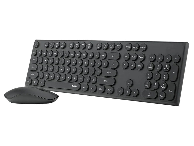 RAPOO Wireless Stylish, Spill-Resistant, Retro Style Round Key, 1000DPI, 2.4G Connection, 10M Range, Nano Receiver, Optical Mouse & Keyboard Black