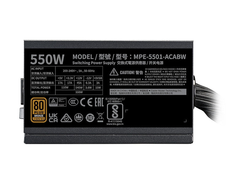 Cooler Master MWE 550W 80+ Bronze, ATX 3.1, 120mm Fan, Black Flat Cable, 5-Year Warranty