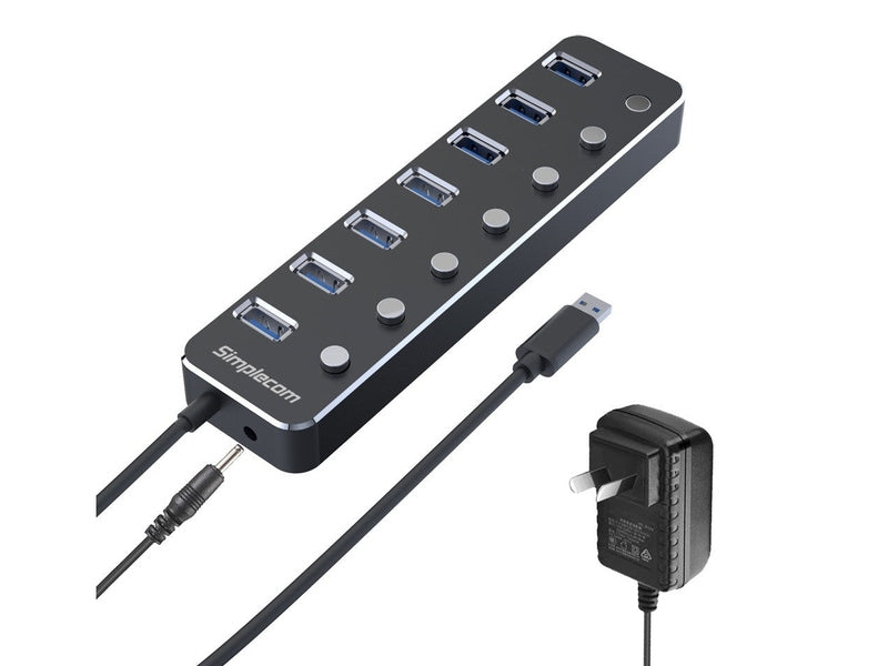 Simplecom CH375PS Aluminium 7 Port USB 3.0 Hub with Individual Switches and Power Adapter