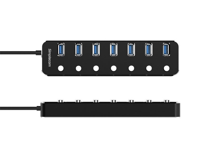 Simplecom CH375PS Aluminium 7 Port USB 3.0 Hub with Individual Switches and Power Adapter