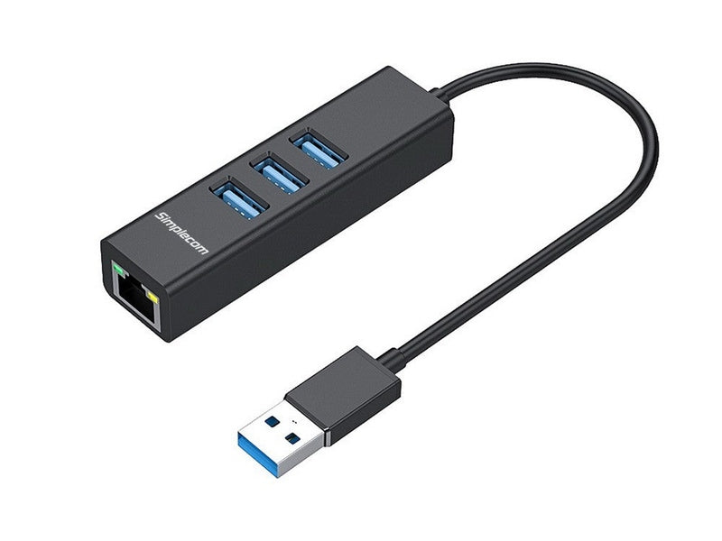 Simplecom CHN420 Black Aluminium 3 Port SuperSpeed USB HUB with Gigabit Ethernet Adapter