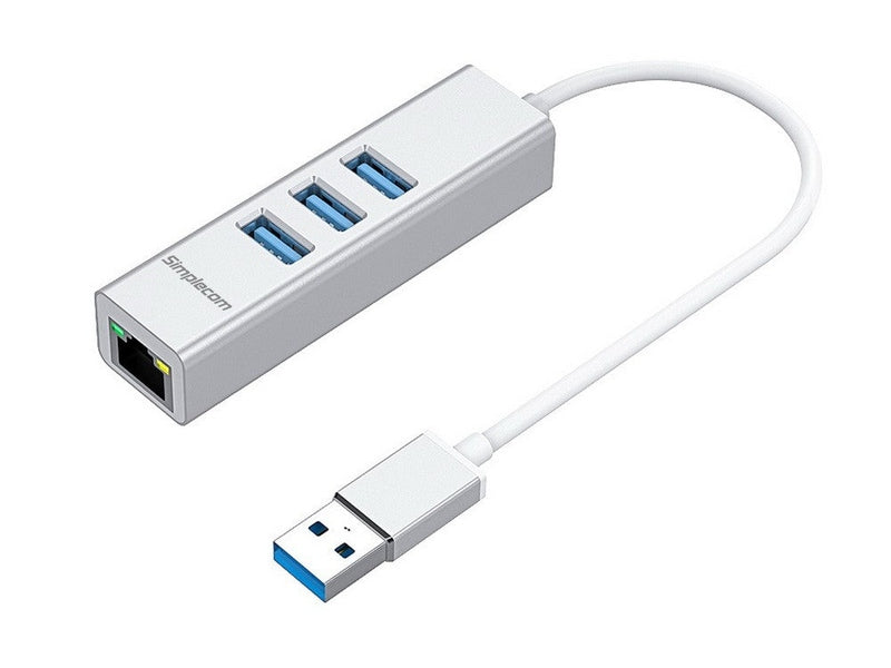 Simplecom CHN420 Silver Aluminium 3 Port SuperSpeed USB HUB with Gigabit Ethernet Adapter