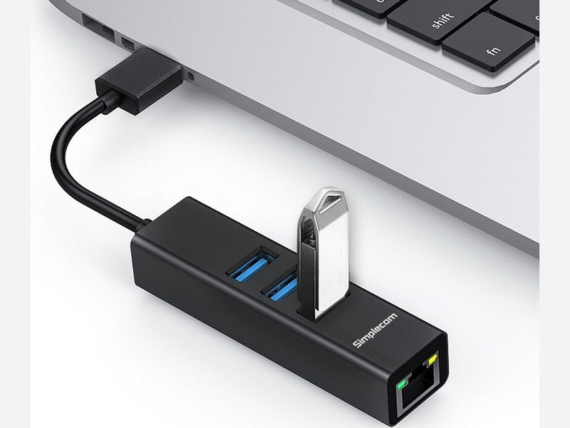 Simplecom CHN420 Black Aluminium 3 Port SuperSpeed USB HUB with Gigabit Ethernet Adapter