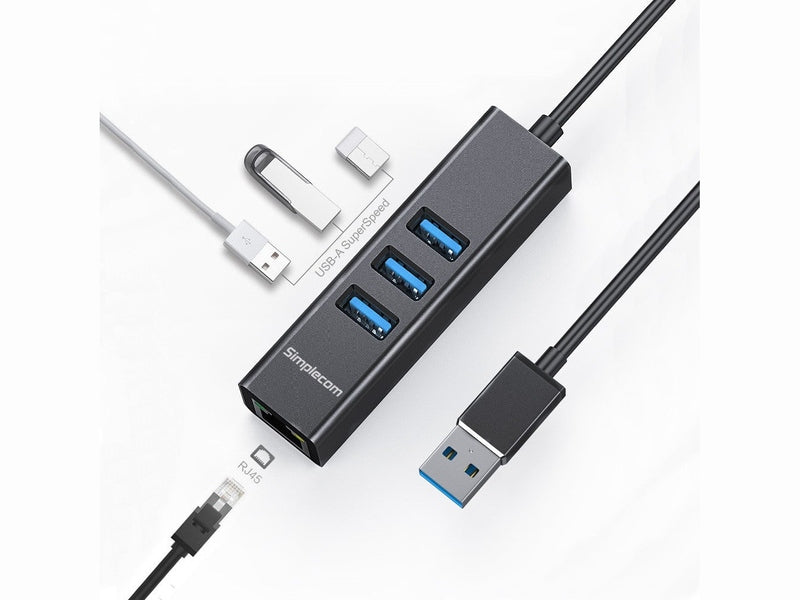 Simplecom CHN420 Black Aluminium 3 Port SuperSpeed USB HUB with Gigabit Ethernet Adapter