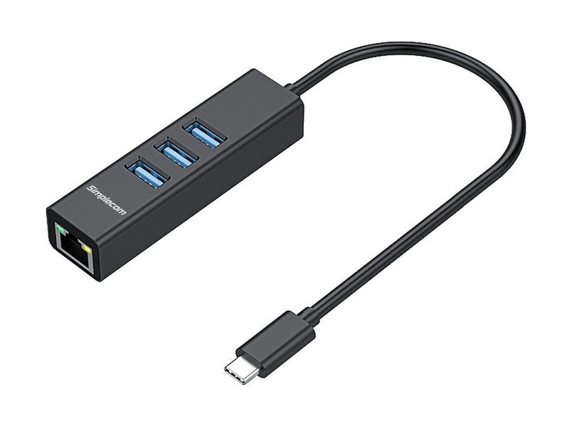 Simplecom CHN421 Black Aluminium USB-C to 3 Port USB HUB with Gigabit Ethernet Adapter