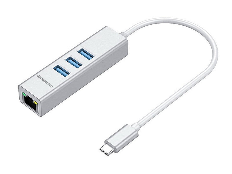 Simplecom CHN421 Silver Aluminium USB-C to 3 Port USB HUB with Gigabit Ethernet Adapter