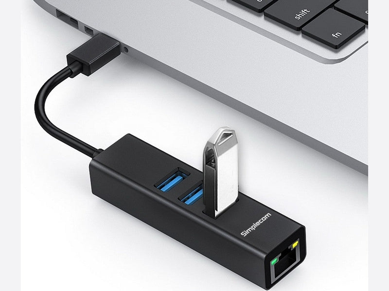 Simplecom CHN421 Black Aluminium USB-C to 3 Port USB HUB with Gigabit Ethernet Adapter