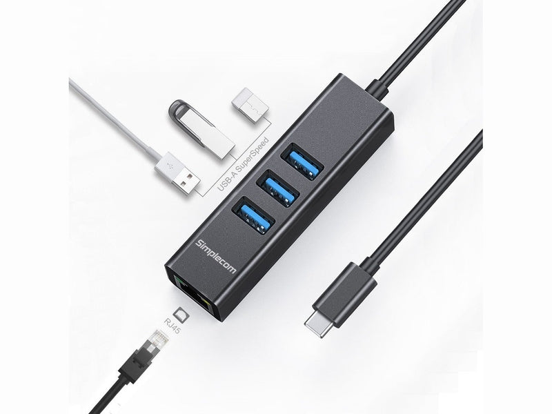 Simplecom CHN421 Black Aluminium USB-C to 3 Port USB HUB with Gigabit Ethernet Adapter